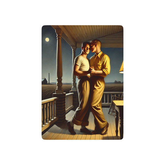 Vintage-style poker cards featuring two men dancing on a wooden porch under moonlight, symbolizing Queer love and resilience. Gay Love