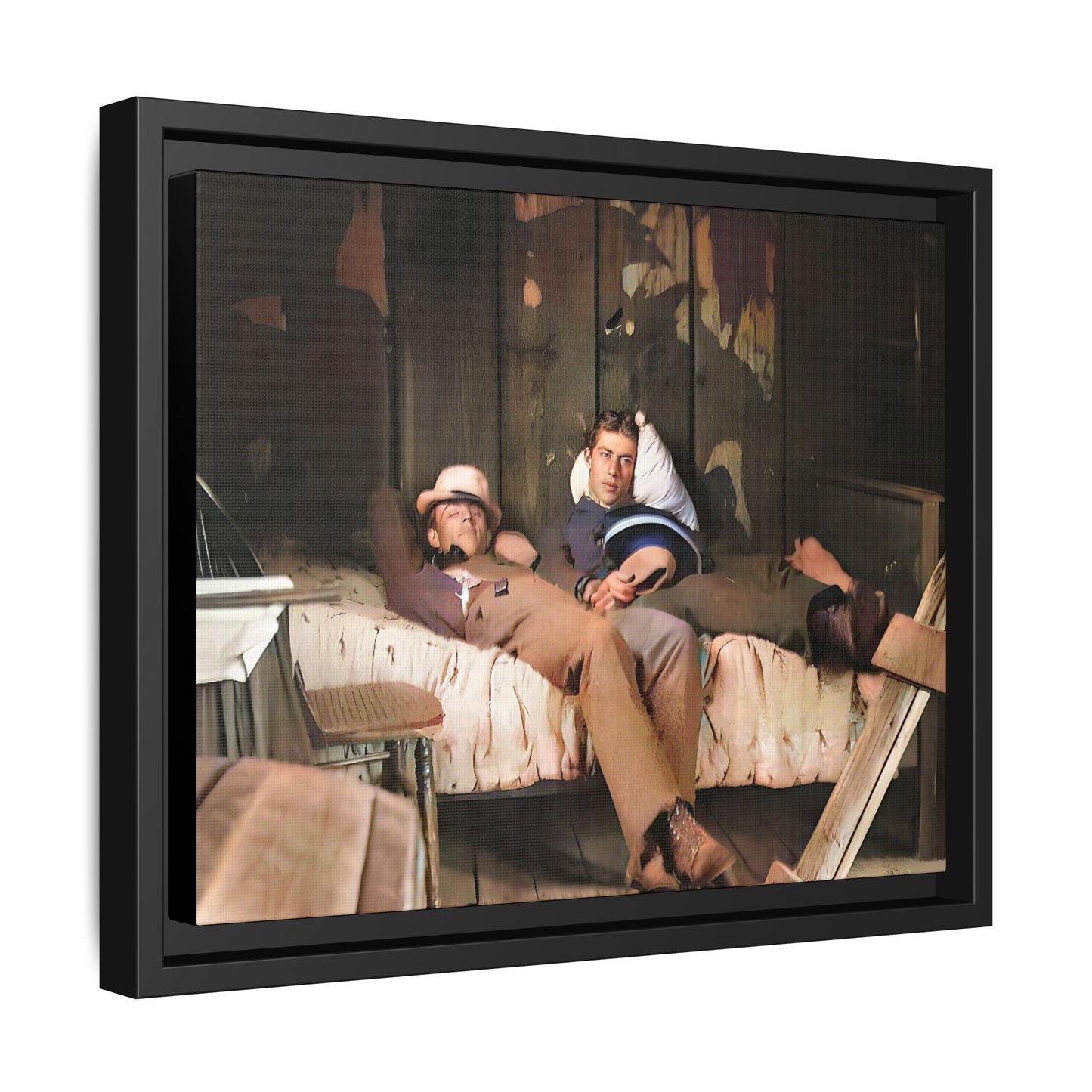 A vintage portrait of Henry & Joseph in a rustic Oregon cabin. This framed matte canvas captures LGBTQ+ history, love, and the beauty of a quiet, intimate moment, making it a timeless and meaningful addition to any collection or home. Gay Couple in bed.