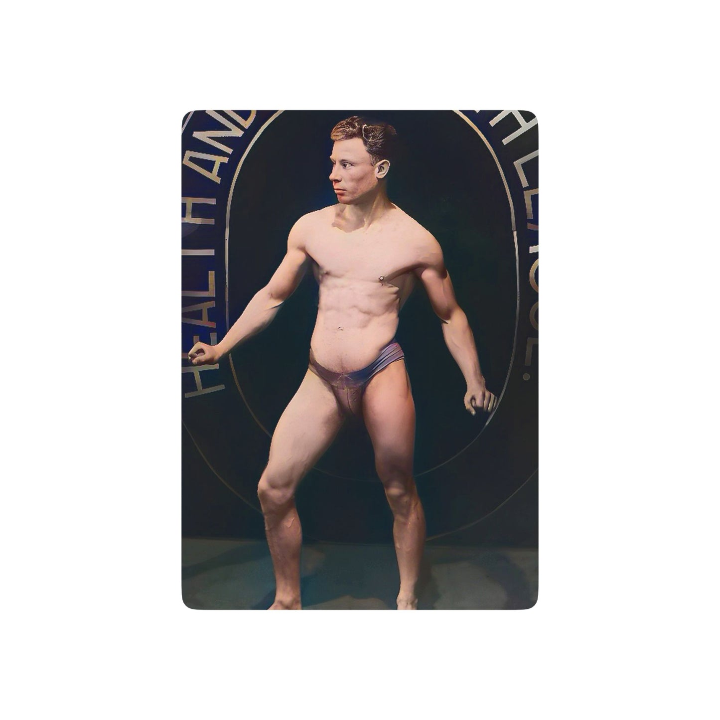 Vintage photo of a physique competitor in an early bodybuilding competition, highlighting strength, discipline, and fitness culture.
