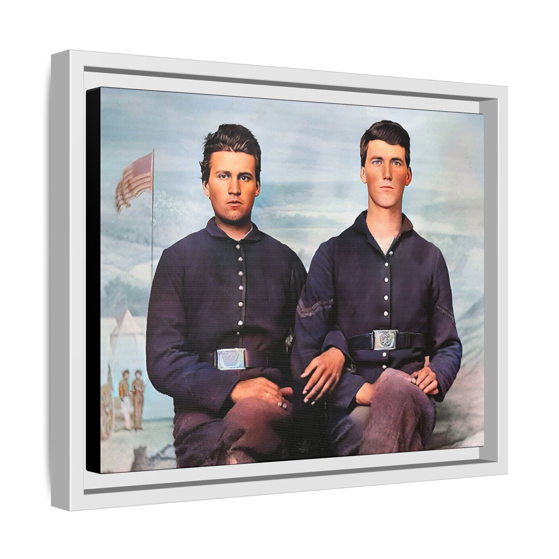 A framed vintage Civil War photo on matte canvas featuring two Union soldiers at Camp Curtin, honoring military history. Gay Couple