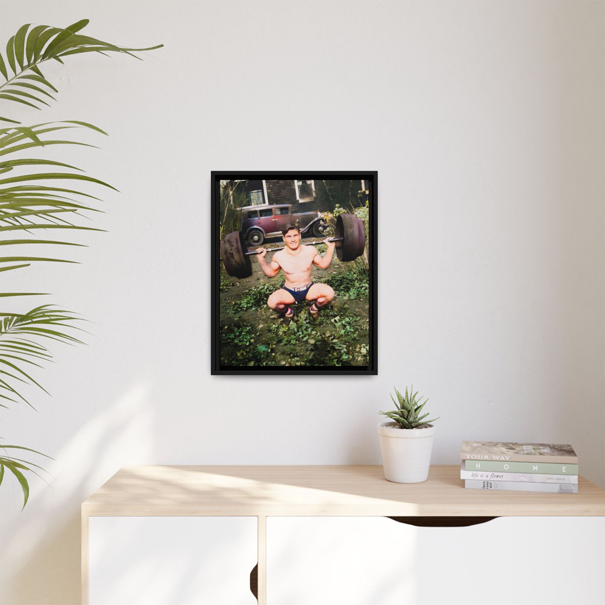 A restored 1934 vintage portrait of Wayne in Lake Forest, Illinois. This framed matte canvas captures strength, charm, and small-town American heritage. Gay Body Builder