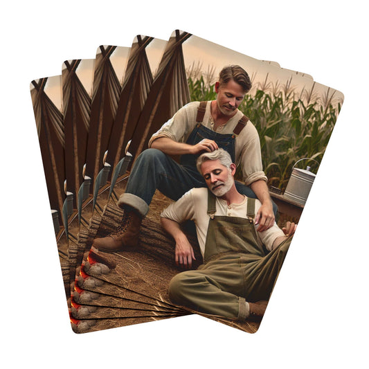 Missing Grant Series Poker Cards featuring two farmhands in a tender moment, celebrating hidden queer rural love. Father's Day Two Dads