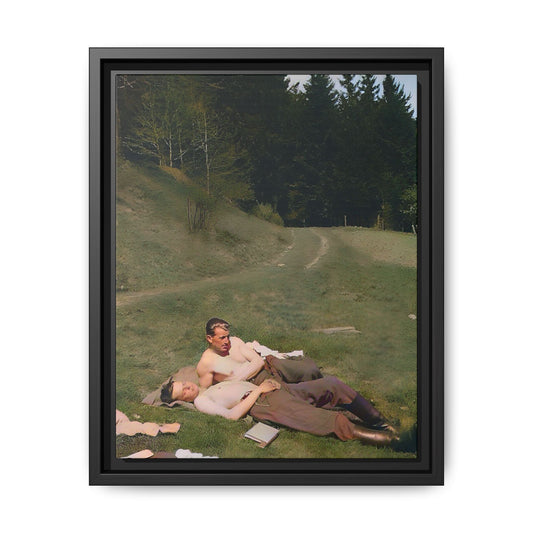 A framed vintage portrait on matte canvas featuring Anthony and Claude in the Belluno Dolomites, capturing nature, serenity, and timeless connection. Gay Couple, LGBTQ Soldiers