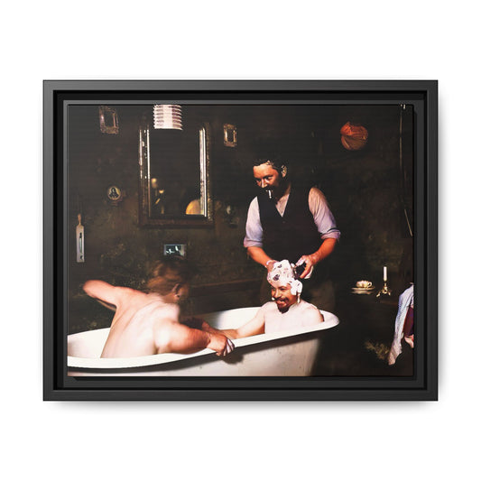 Restored vintage photo of camaraderie at Walsh Depot, Battle Mountain, NV, featuring a clawfoot tub, and framed canvas art. Naked Men in the bathtub. Gay Bears