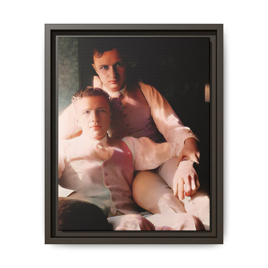 Restored vintage photograph of James and Henry, an early 1900s LGBTQ+ couple from Dayton, Ohio, sharing an intimate, sunlit moment. Framed matte canvas print celebrating love, devotion, and LGBTQ+ history. Gay Couple Affectionate Men