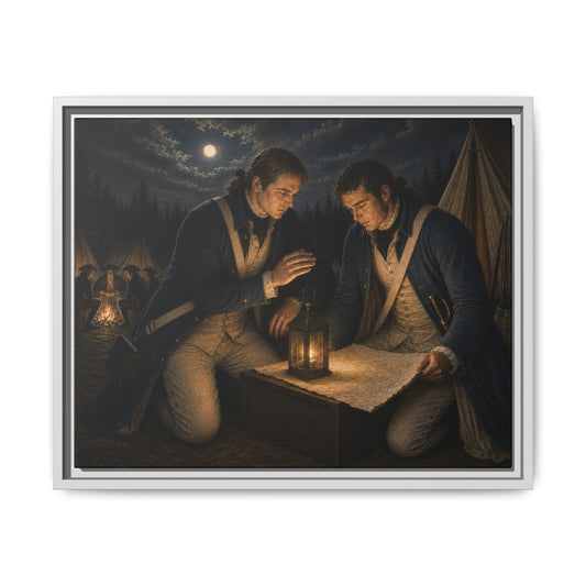 Historical oil-style portrait depicting Continental Army troops examining field maps beneath the moon in an American Revolution camp.