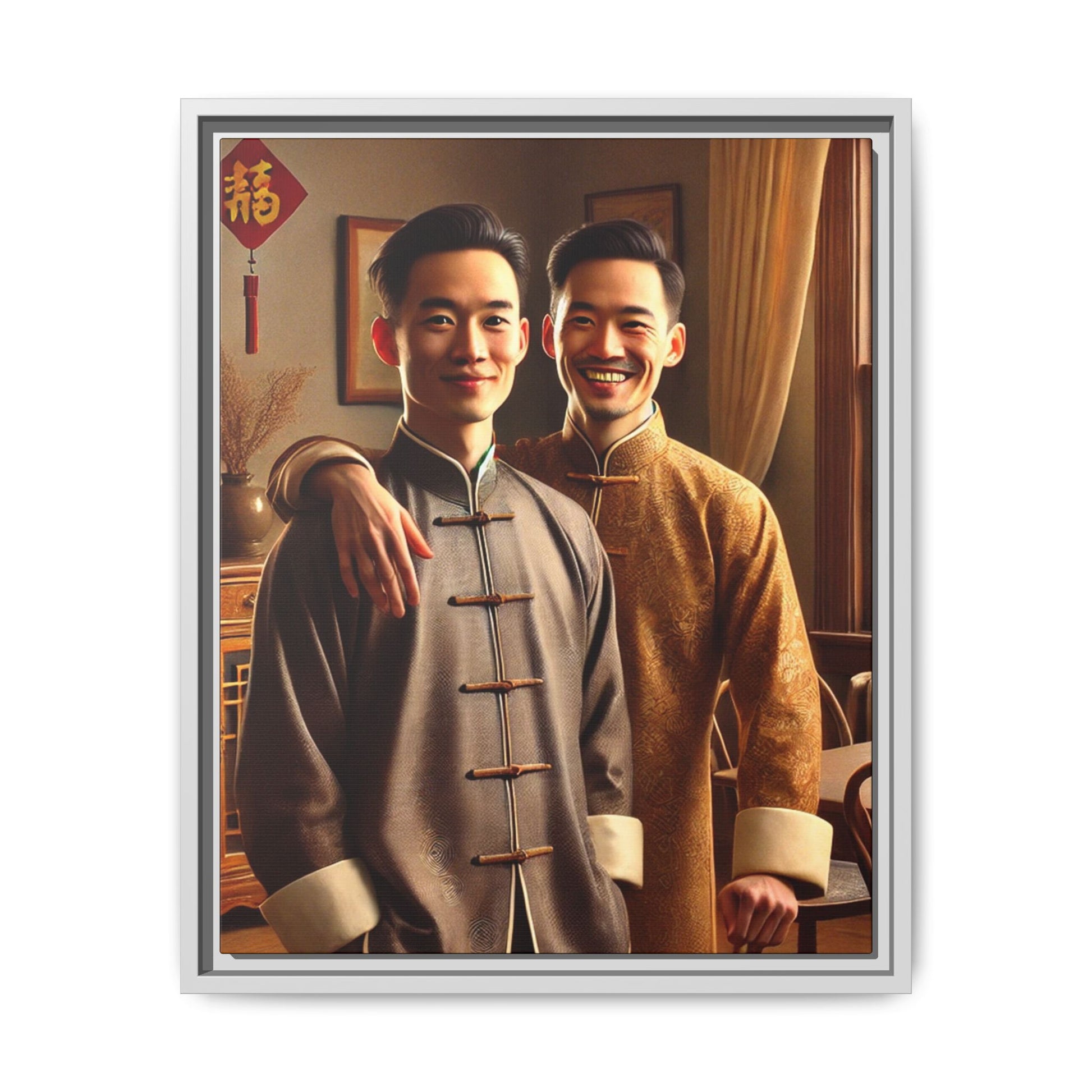 Artwork featuring a joyful portrait of a Chinese queer couple celebrating Chinese New Year in traditional attire. Set in a cozy American home adorned with subtle decorations, this image captures love, cultural pride, and warmth, blending Chinese heritage with a Midwestern setting