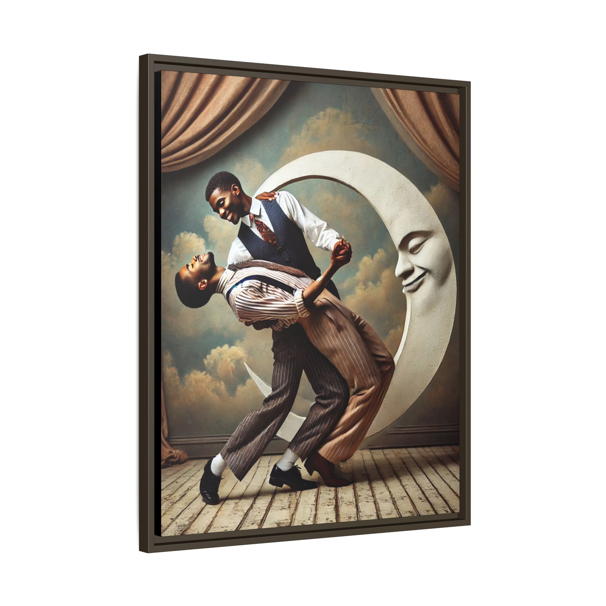 Framed artwork of two Black men in vintage suits dancing tenderly beneath a crescent moon with a smiling face. A romantic 1920s-inspired scene with velvet curtains and a painted sky backdrop. Part of a collection reclaiming lost queer Black history and art.