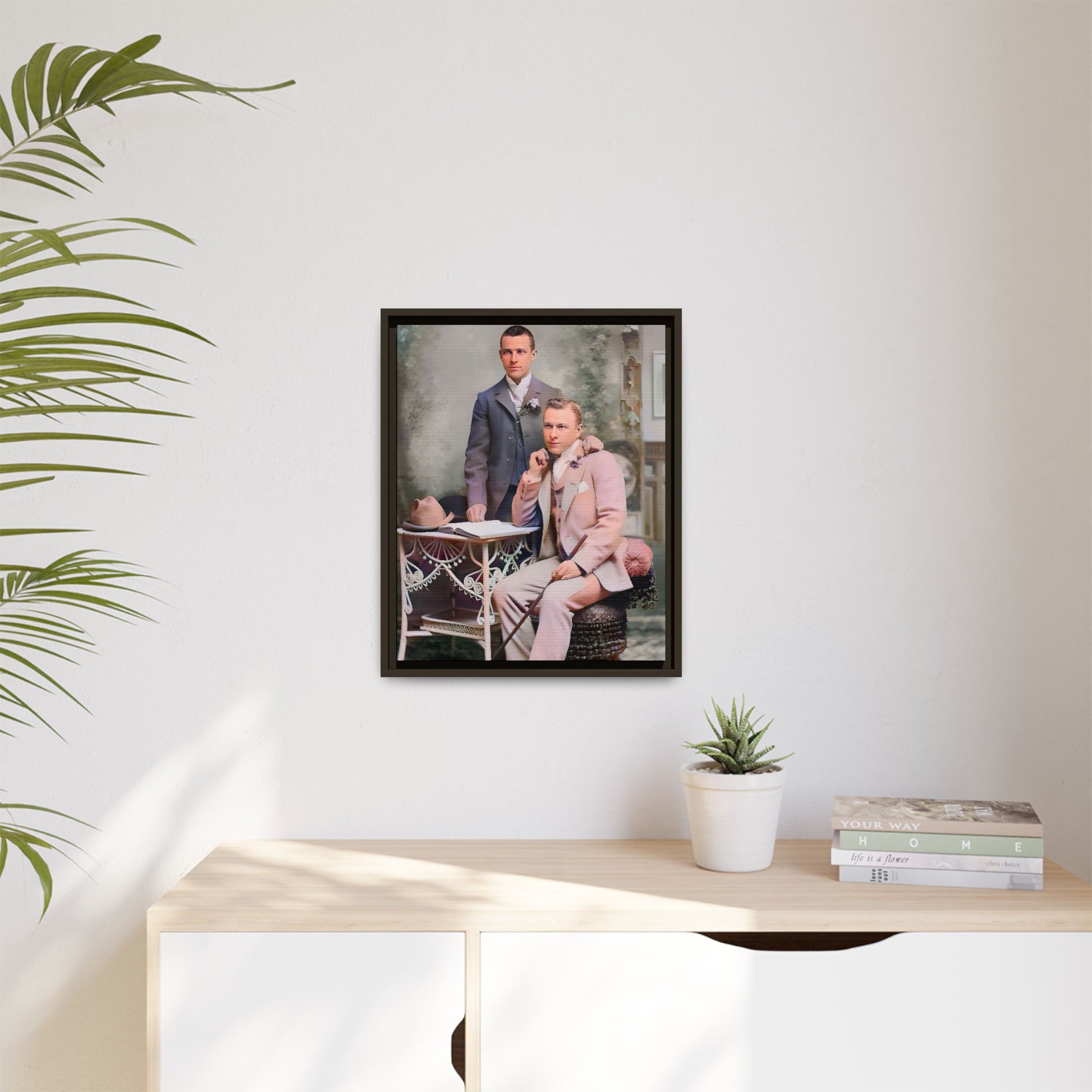 Restored early 1900s photo of Walt and Dewey in tailored suits, posed elegantly in Kansas City, celebrating LGBTQ+ love and resilience, framed as wall art. Gay Coup