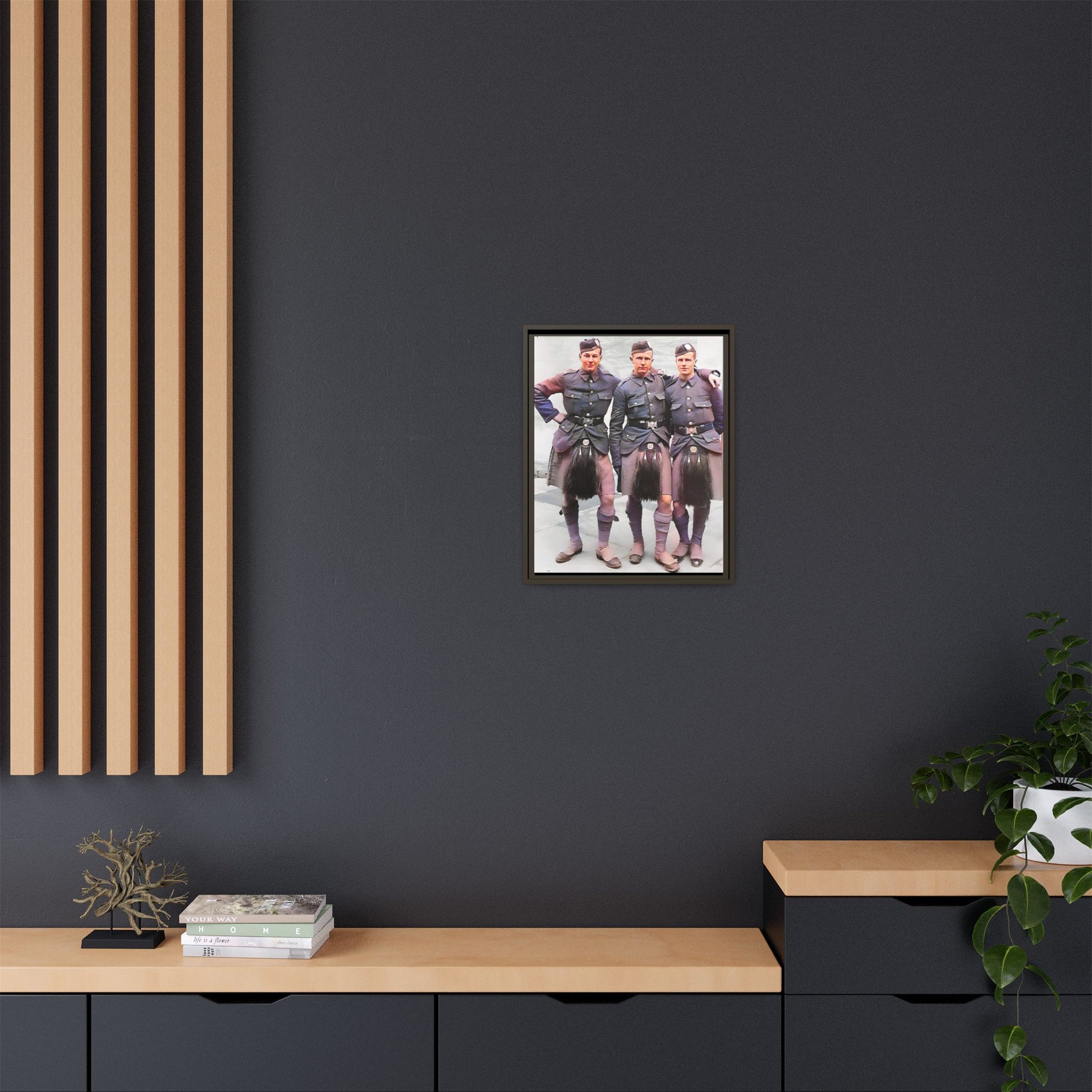 A restored vintage portrait of Gordon Highlanders in Glasgow, Scotland. This framed matte canvas honors Scottish military history, tradition, and unity.