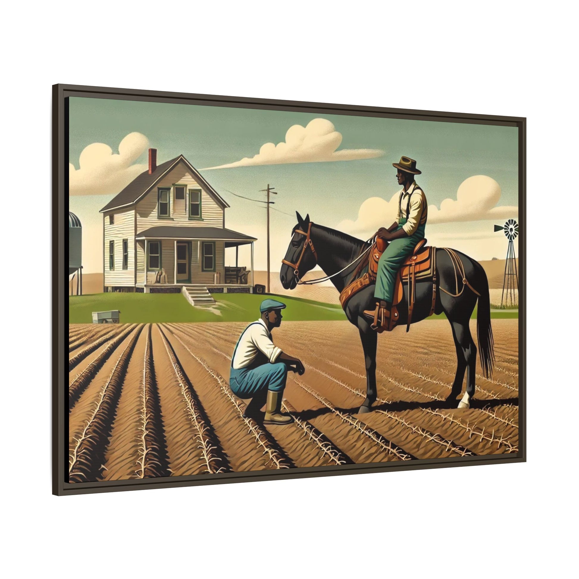 Artwork of an African American queer couple working together on a farm in a serene, vintage-inspired landscape. One man sits on horseback, gazing warmly at his partner, who examines the soil, symbolizing their partnership in both love and labor. The scene captures resilience, companionship, and the beauty of rural life.