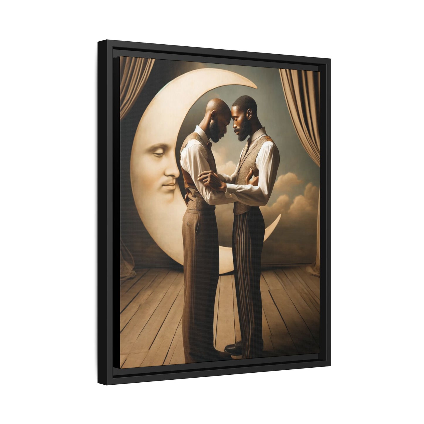 Two Black men in vintage 1920s clothing stand forehead to forehead, embraced beneath a glowing crescent moon. A theatrical scene honoring queer love, memory, and history, reclaiming moments that were never captured due to cultural bias.