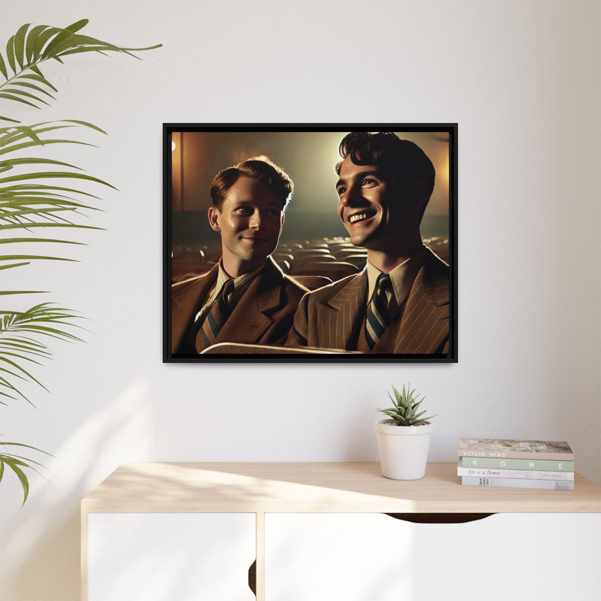 Vintage-style photo of two young men sharing an intimate moment on a date in a 1930s movie theater. Dressed in classic pinstripe suits, their smiles and close connection evoke the warmth and charm of the era, celebrating LGBTQ+ history and timeless romance.