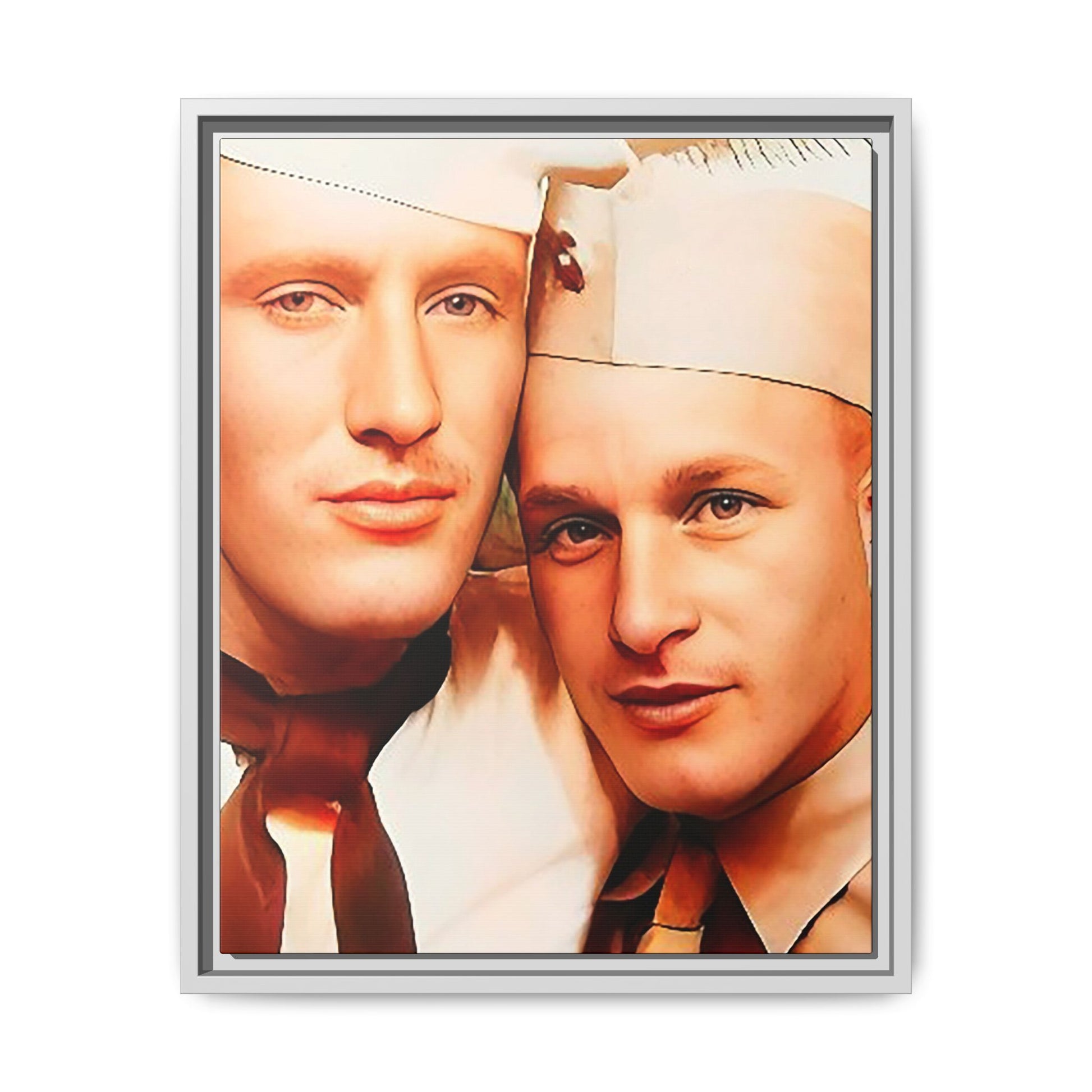 Vintage Gay photo booth portrait of Glenn & Sidney in Nantucket, MA. A heartwarming tribute to queer history, captured in a candid embrace. Available as a matte canvas print, perfect for celebrating love, identity, and nostalgia. Military Portrait