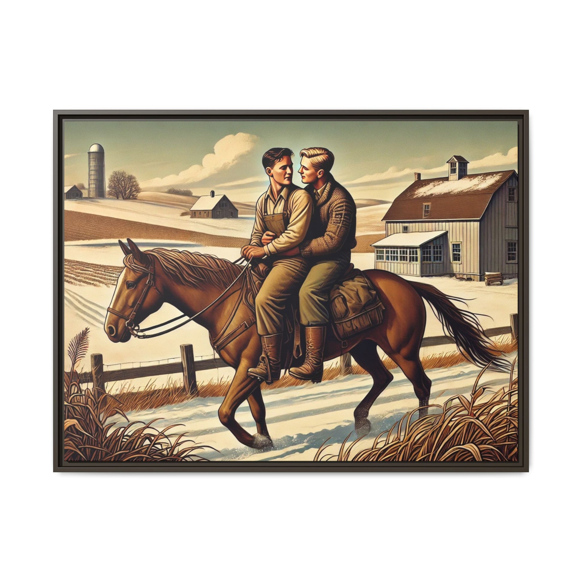 Artwork of a gay couple sharing a tender moment while seated together on a single horse in a snowy, rural Midwestern landscape. Dressed in early 20th-century attire, the men gaze at each other warmly, capturing love, resilience, and companionship in a serene 1930s-inspired American scene