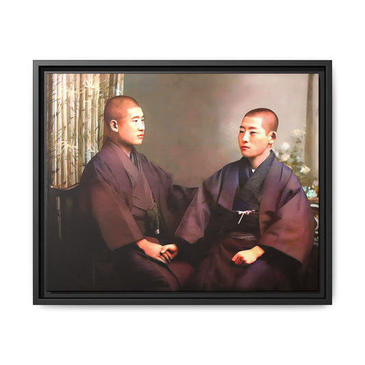 A vintage portrait of Hiroto & Atsushi in Kyoto, Japan. This framed matte canvas celebrates LGBTQ+ love, cultural heritage, and timeless elegance, making it a unique and meaningful art piece for collectors and history enthusiasts. Gay Couple