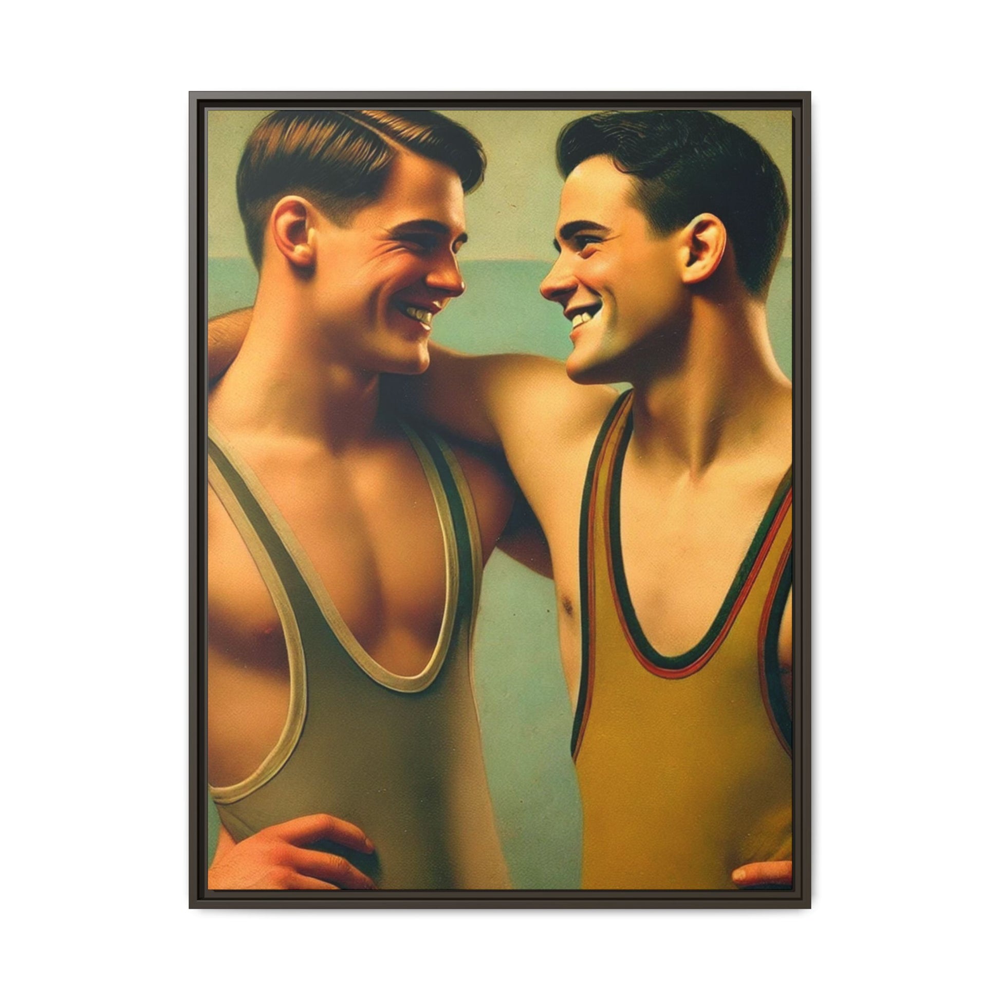 Framed artwork of two young wrestlers in vintage singlets sharing a candid moment, inspired by Grant Wood's Regionalist art style.