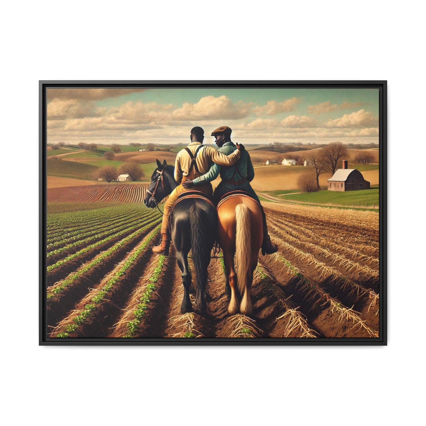 Artwork of an African-American gay couple riding horseback through expansive farmland, sharing a tender moment as they overlook lush fields. Dressed in rugged vintage attire, this scene captures resilience, love, and the charm of rural life, celebrating LGBTQ+ history and African-American heritage.