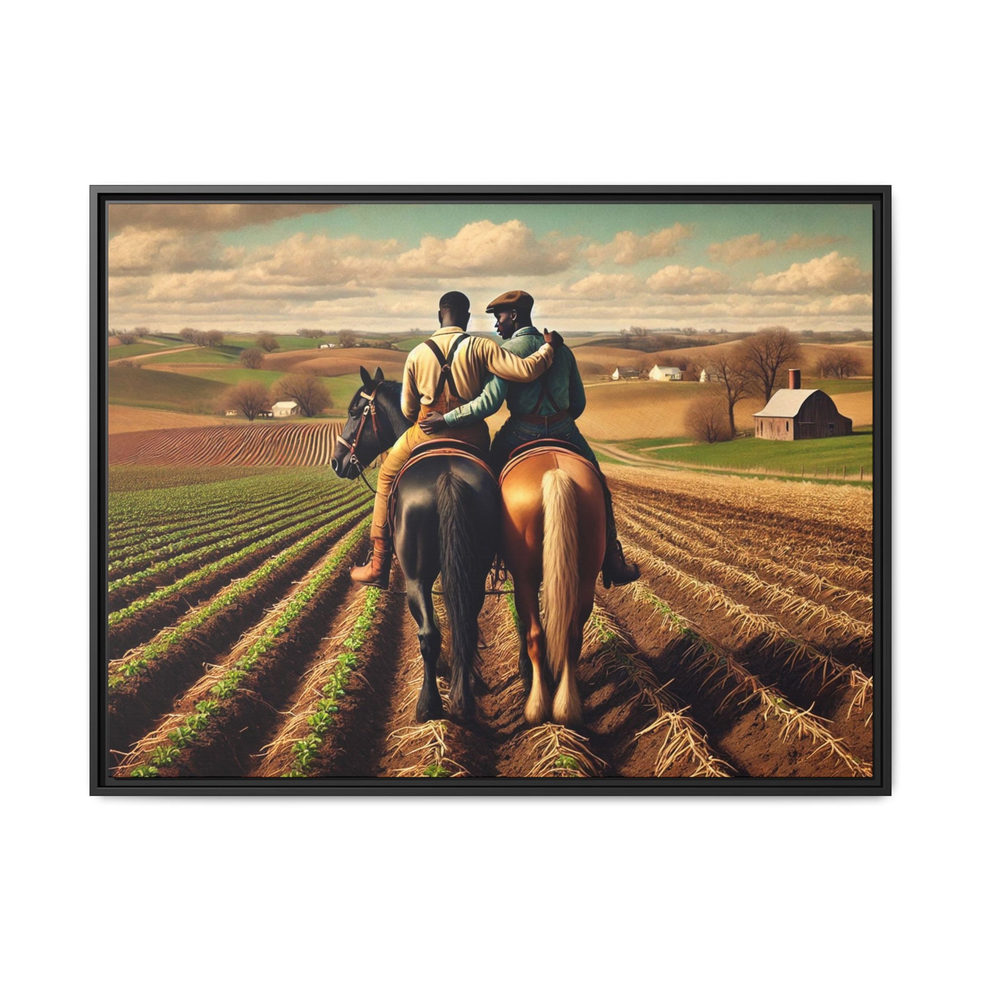 Artwork of an African-American gay couple riding horseback through expansive farmland, sharing a tender moment as they overlook lush fields. Dressed in rugged vintage attire, this scene captures resilience, love, and the charm of rural life, celebrating LGBTQ+ history and African-American heritage.