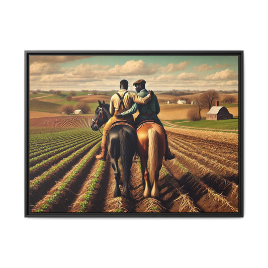 Artwork of an African-American gay couple riding horseback through expansive farmland, sharing a tender moment as they overlook lush fields. Dressed in rugged vintage attire, this scene captures resilience, love, and the charm of rural life, celebrating LGBTQ+ history and African-American heritage.