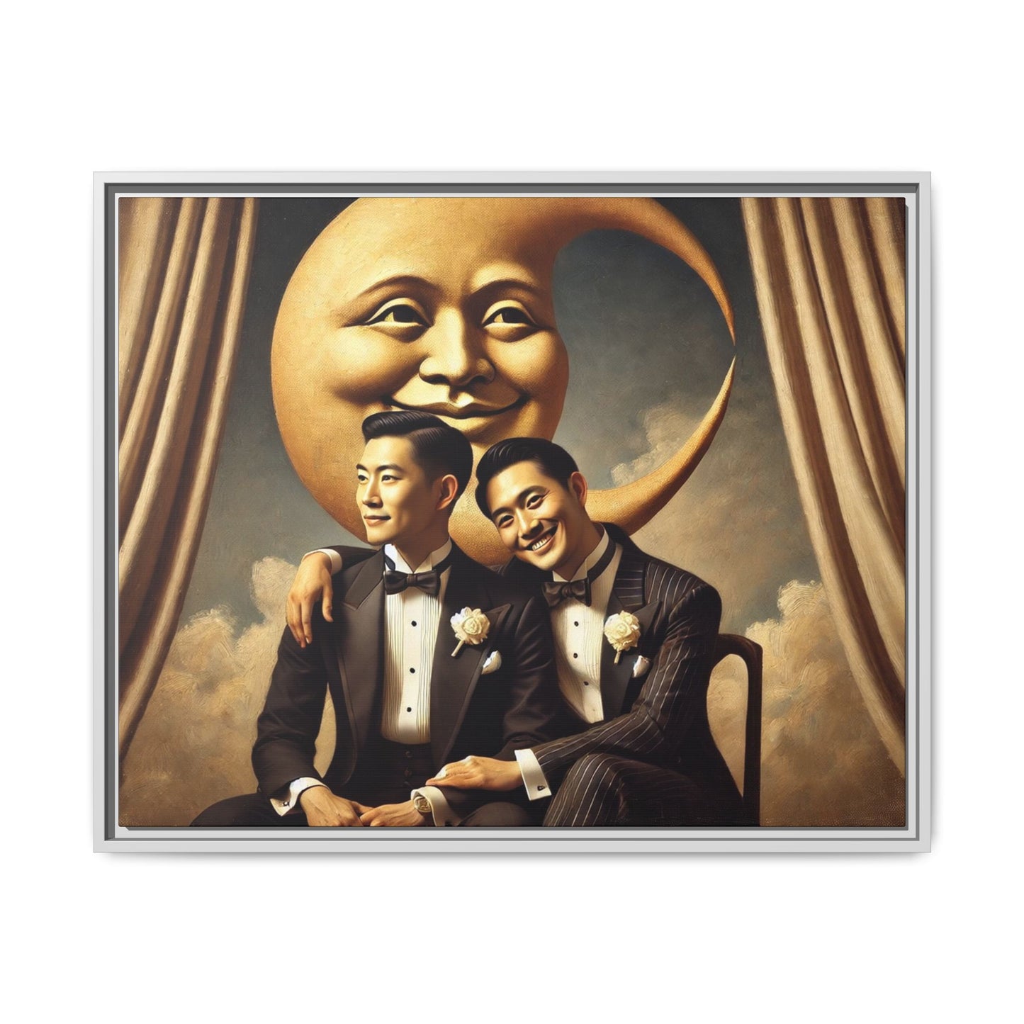 Vintage-inspired artwork of a romantic gay Asian couple in tuxedos sitting affectionately beneath a smiling crescent moon prop, surrounded by vintage stage curtains and dreamy clouds. A reclaimed queer narrative from the Man In The Moon series.