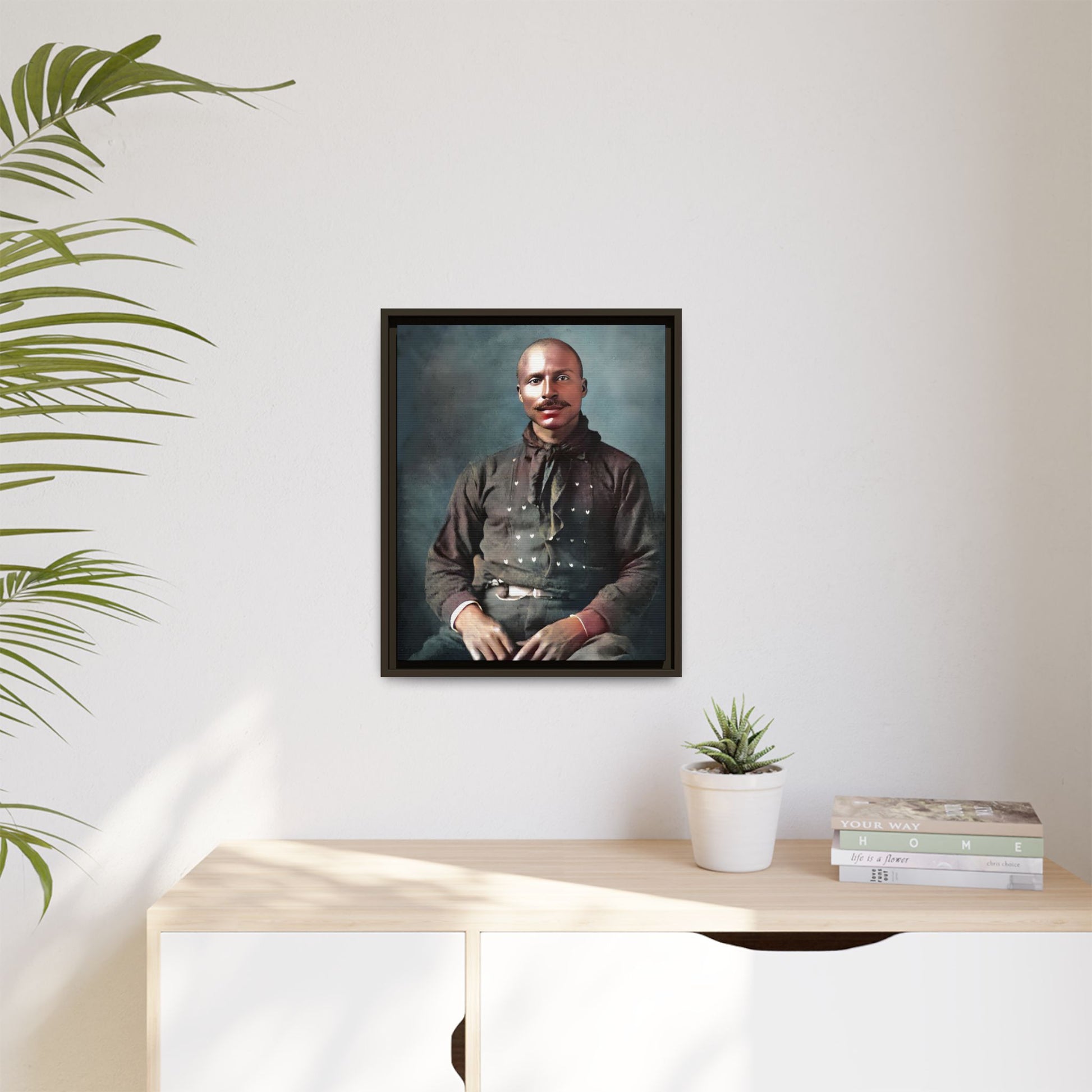 A vintage Western portrait of Jorge, capturing the rugged charm of the Old West in Mesa, Arizona. This framed matte canvas showcases resilience and classic cowboy style, perfect for rustic, Western, or Americana-inspired decor. Hispanic Latino