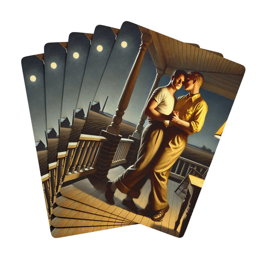 Vintage-style poker cards featuring two men dancing on a wooden porch under moonlight, symbolizing Queer love and resilience. Gay Love