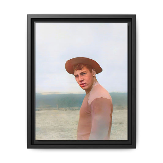 A framed vintage portrait on matte canvas featuring Victor at Cannon Beach, Oregon, capturing the rugged beauty of coastal life.