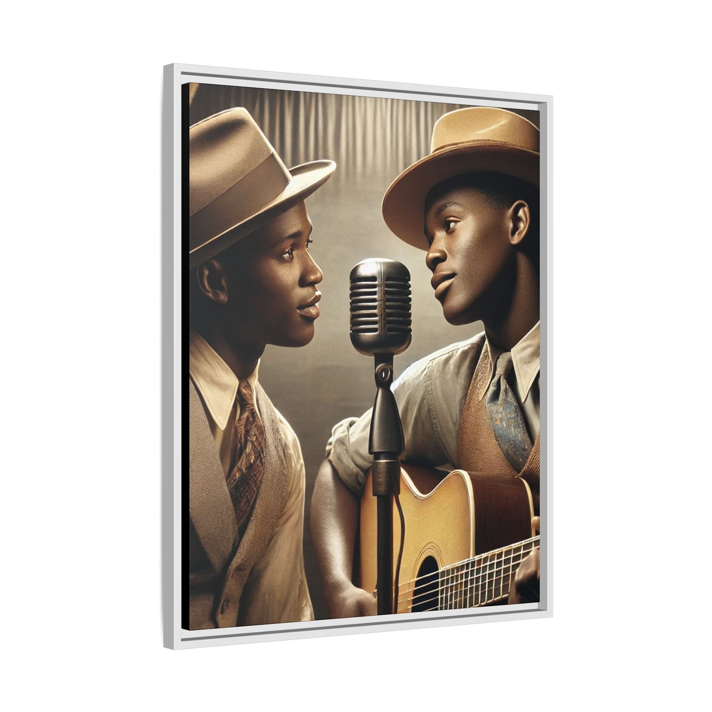 Artwork of an African-American gay couple recording a song in a 1930s-style studio. Dressed in vintage attire with fedoras and ties, they share a close, tender moment around a classic microphone, capturing love, music, and cultural heritage in a nostalgic setting