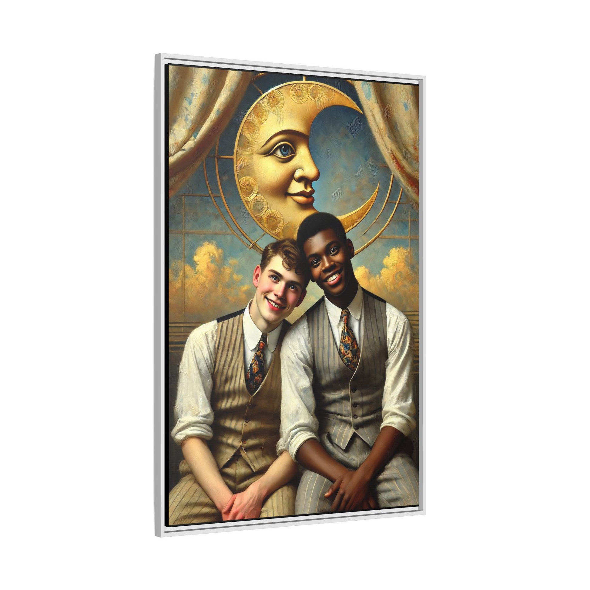 A vintage-style artwork showing a young interracial gay couple in 1920s attire sitting beneath a golden crescent moon with a serene expression. Their joyful closeness reclaims erased queer history and reflects the beauty of interracial love through a lens of tenderness and celebration.