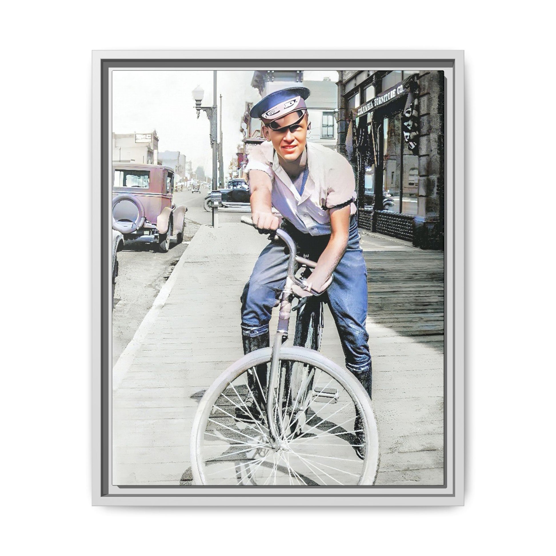 A framed vintage portrait on matte canvas featuring Cecil in Elk City, Oklahoma, capturing the spirit of 1930s small-town Americana. Classic Bicycle Photo