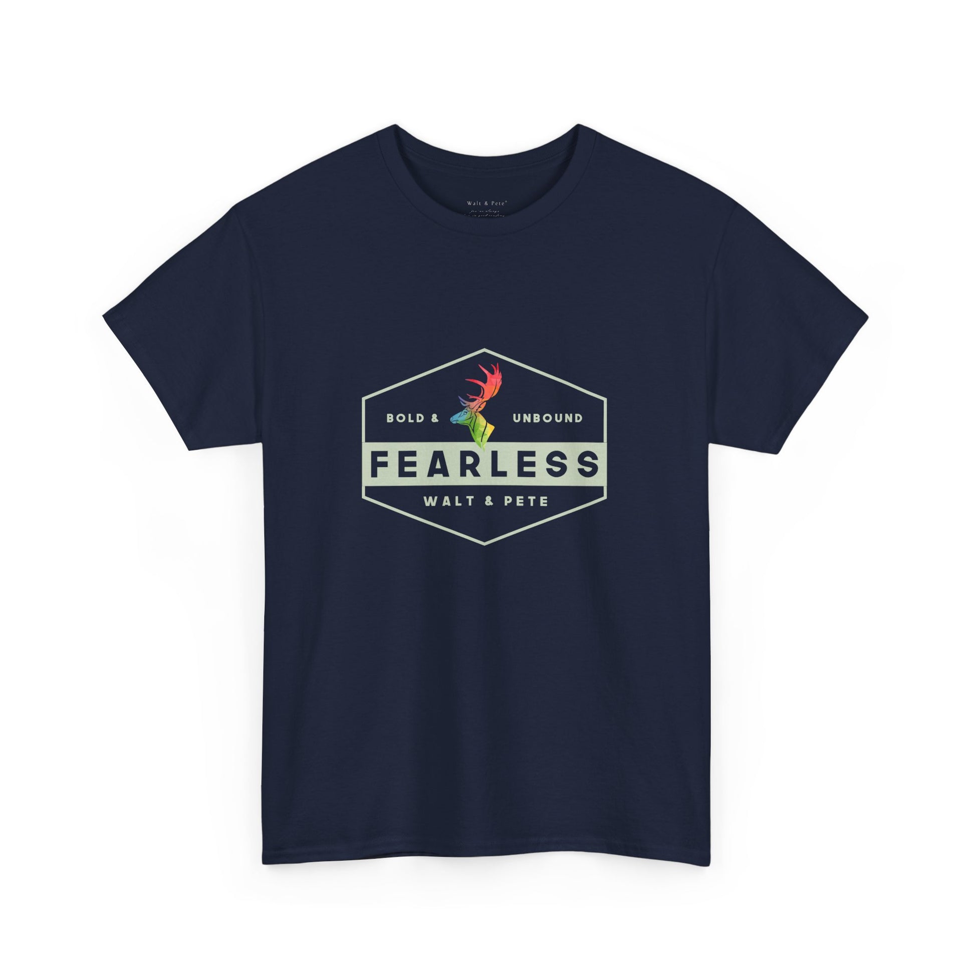 Unisex gr cotton t-shirt with a hexagon badge design reading “Fearless” and “Bold & Unbound,” featuring a rainbow antler—symbolizing LGBTQ+ pride and fearless queer identity