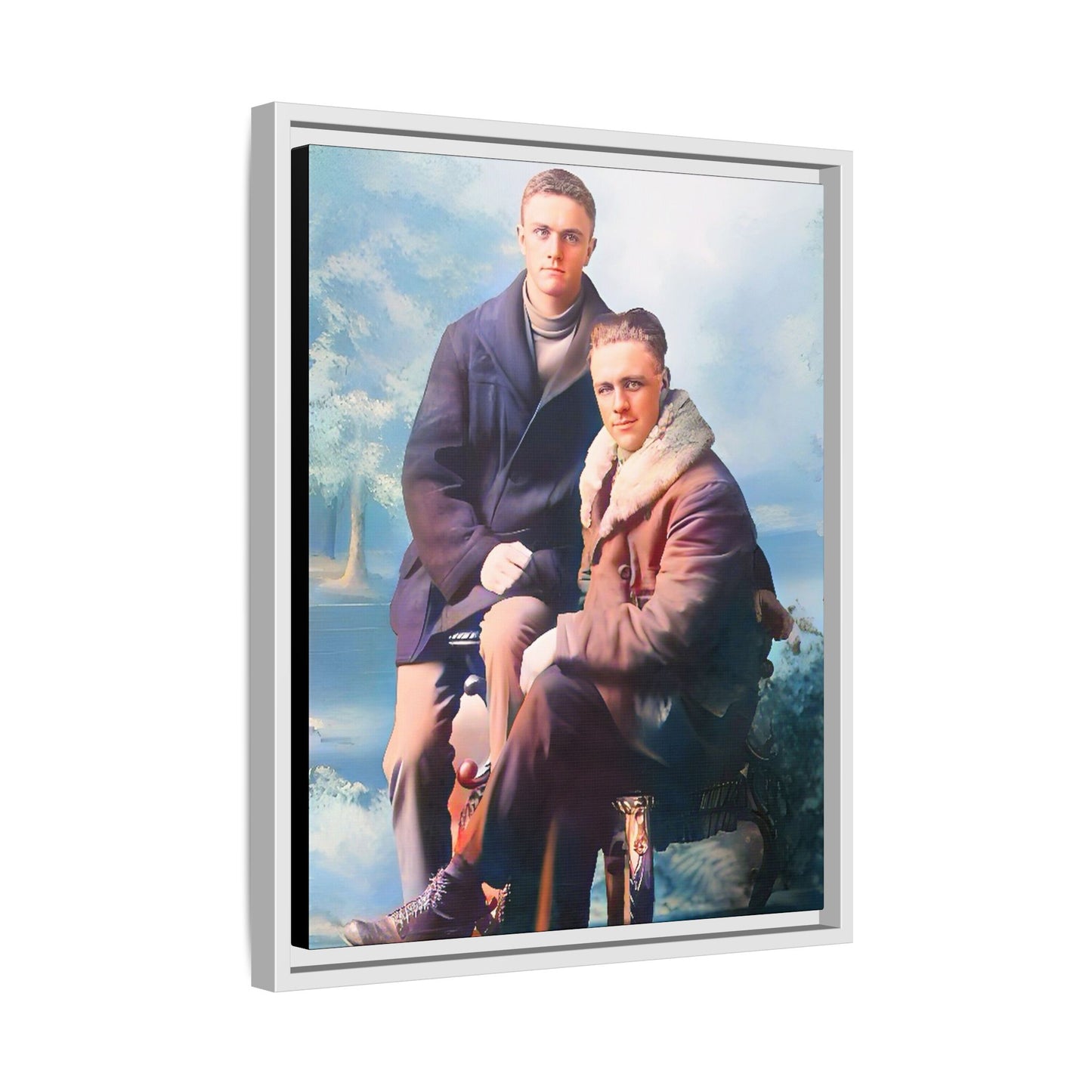 Restored vintage photograph of David and Sam, a gay couple in winter attire from early 20th century Yakima, Washington. Framed matte canvas print showcasing love, resilience, and Gay  history.
