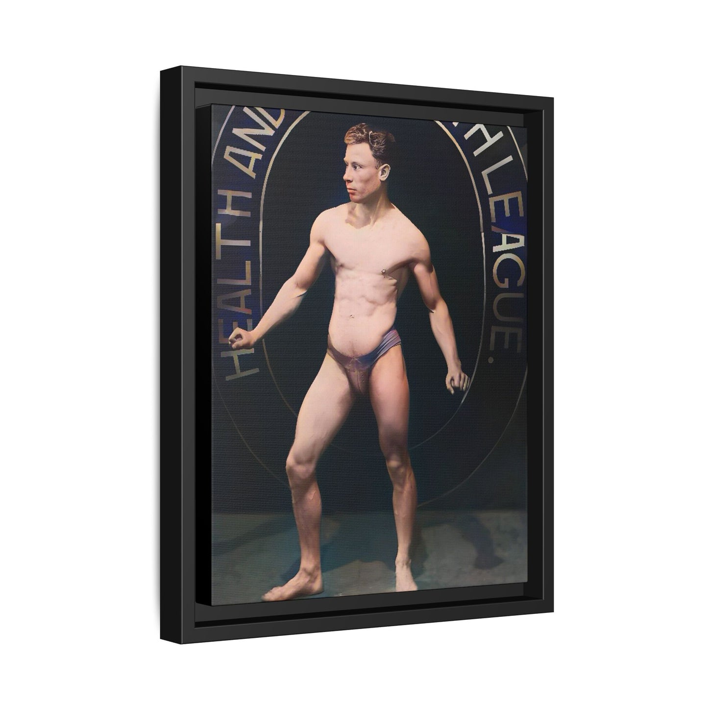 Restored vintage photo of Robert, a young bodybuilder from Manchester, UK, circa early 20th century, framed canvas