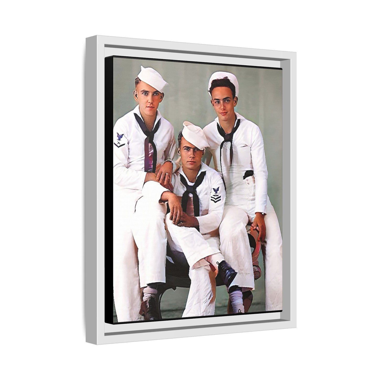 A restored vintage portrait of three sailors aboard the USS Alabama. This framed matte canvas honors naval history, camaraderie, and timeless service.
