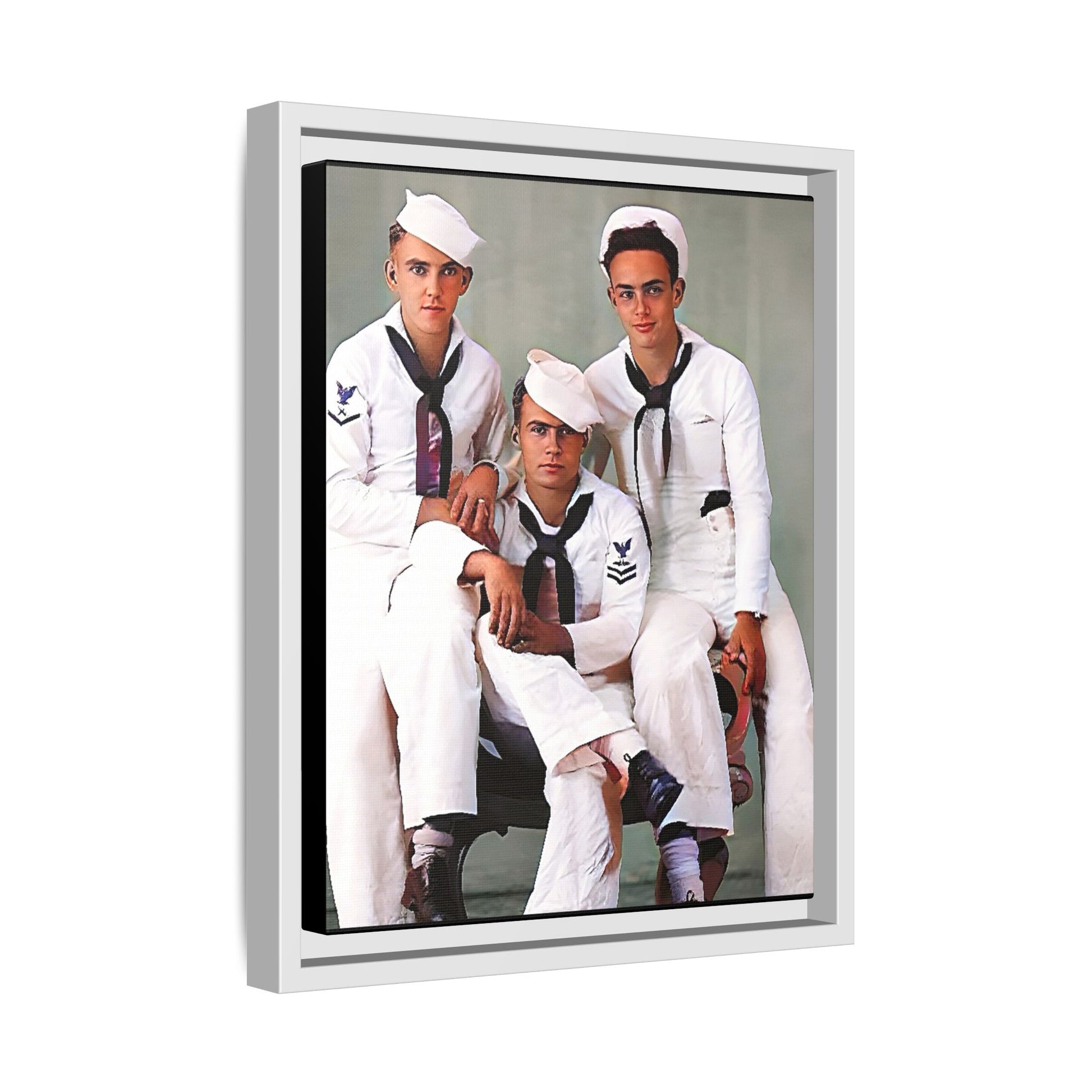 A restored vintage portrait of three sailors aboard the USS Alabama. This framed matte canvas honors naval history, camaraderie, and timeless service.
