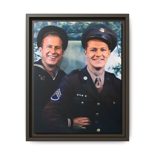 A framed vintage military portrait on matte canvas featuring a sailor and a soldier in Scapa Flow, Scotland, symbolizing service and camaraderie. Gay Couple