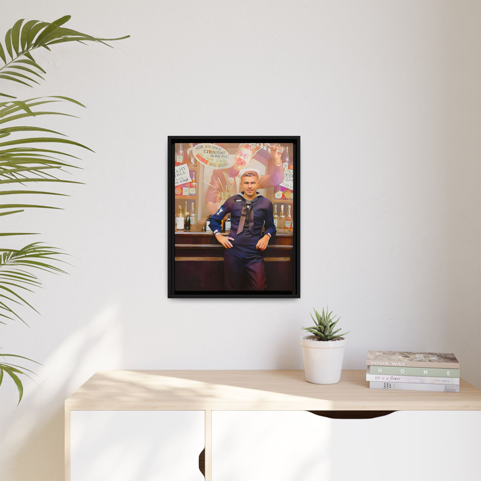 A restored WWII-era portrait of Charles at Brooklyn Navy Yard, New York. This framed matte canvas print captures the resilience and camaraderie of wartime sailors, featuring vintage war bond advertisements and classic Navy charm.