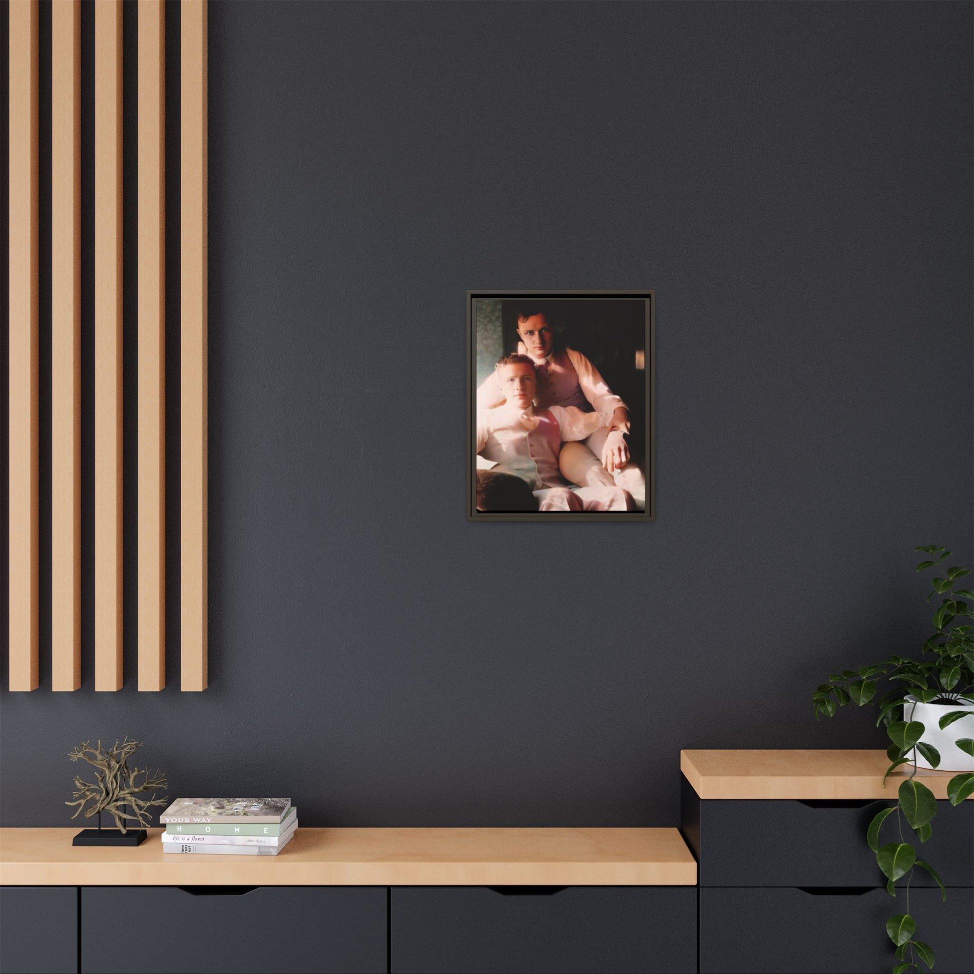 Restored vintage photograph of James and Henry, an early 1900s LGBTQ+ couple from Dayton, Ohio, sharing an intimate, sunlit moment. Framed matte canvas print celebrating love, devotion, and LGBTQ+ history. Gay Couple Affectionate Men