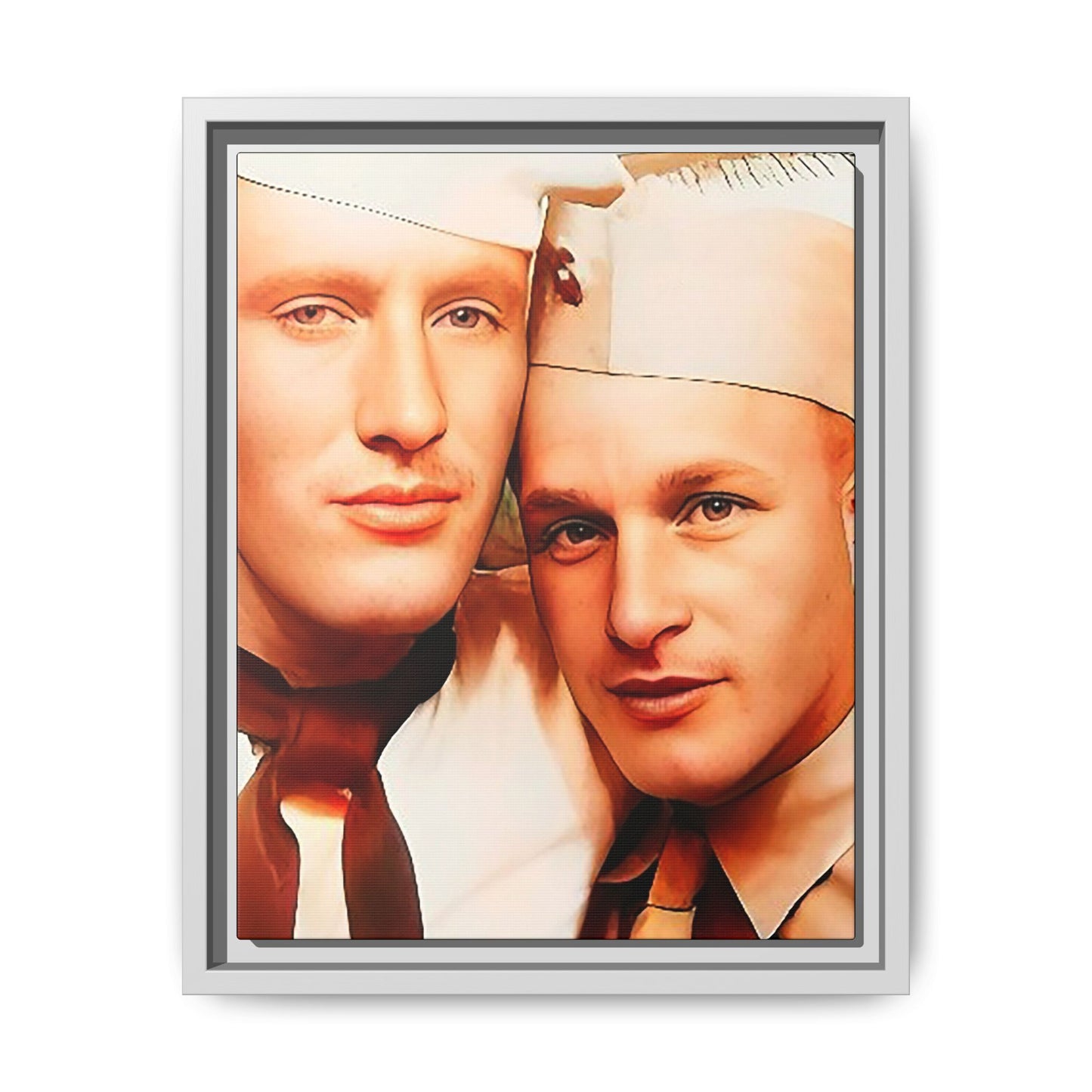 Vintage Gay photo booth portrait of Glenn & Sidney in Nantucket, MA. A heartwarming tribute to queer history, captured in a candid embrace. Available as a matte canvas print, perfect for celebrating love, identity, and nostalgia. Military Portrait