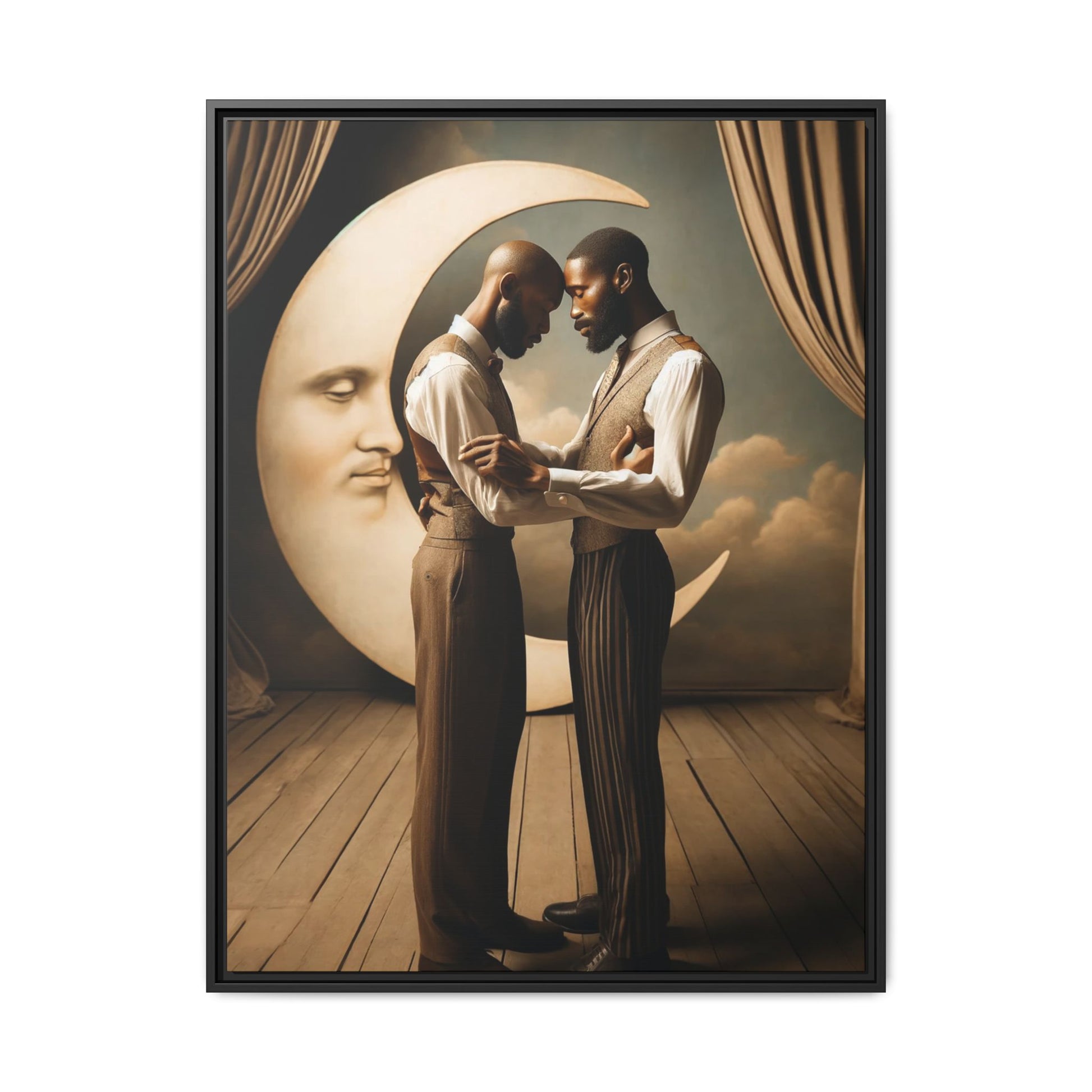 Two Black men in vintage 1920s clothing stand forehead to forehead, embraced beneath a glowing crescent moon. A theatrical scene honoring queer love, memory, and history, reclaiming moments that were never captured due to cultural bias.