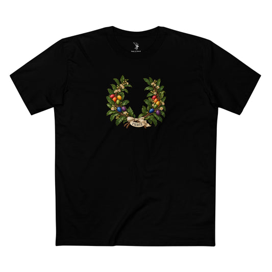 Front view of a Burkina Faso Pride T-shirt featuring a vintage shea wreath with rainbow fruit and an ivory FIERTÉ ribbon.
