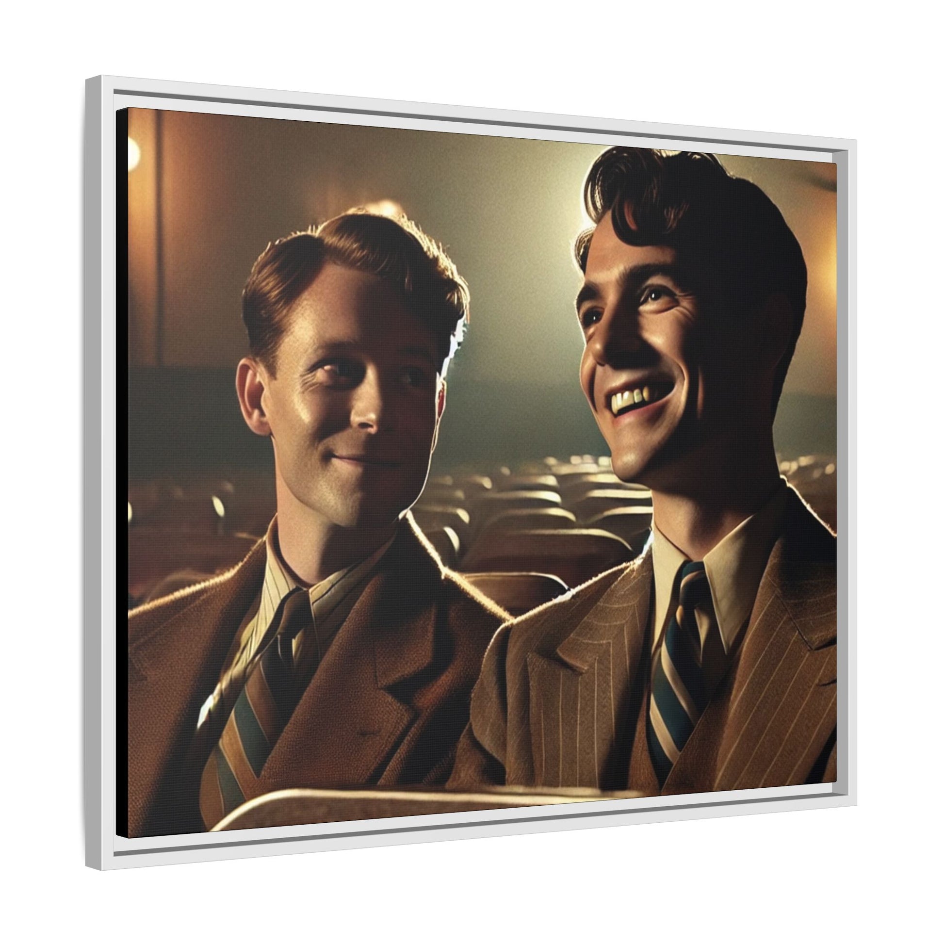 Vintage-style photo of two young men sharing an intimate moment on a date in a 1930s movie theater. Dressed in classic pinstripe suits, their smiles and close connection evoke the warmth and charm of the era, celebrating LGBTQ+ history and timeless romance.
