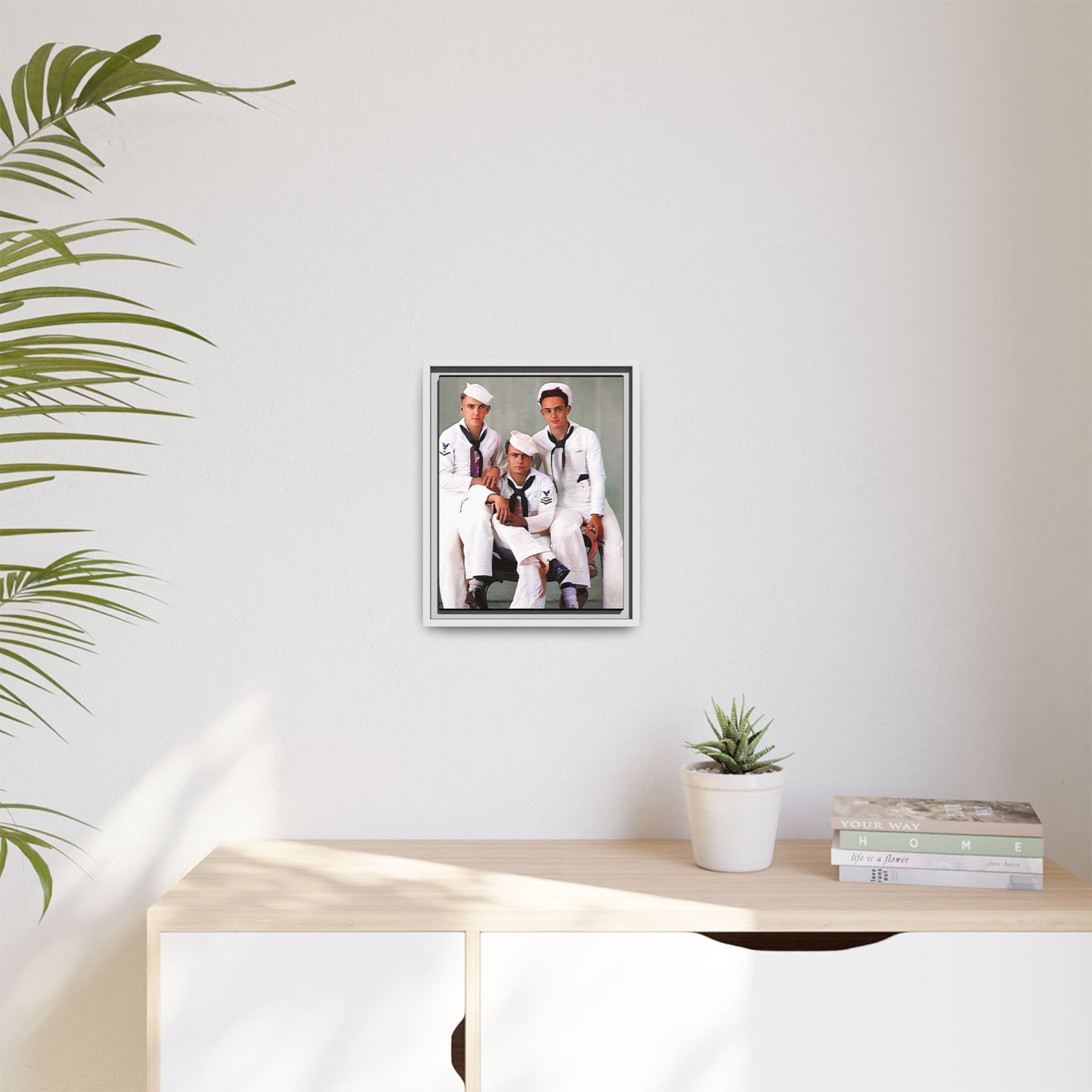 A restored vintage portrait of three sailors aboard the USS Alabama. This framed matte canvas honors naval history, camaraderie, and timeless service.