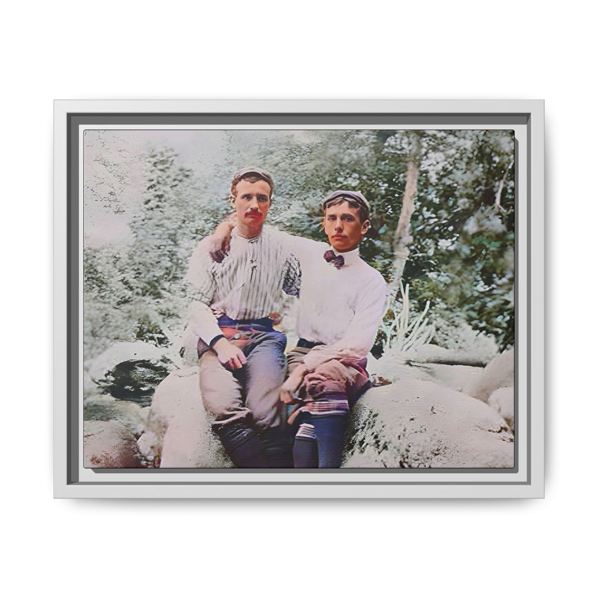 A framed vintage love portrait on matte canvas featuring Grover and Emil in Villamont, Virginia, capturing timeless LGBTQ+ connection and companionship. Gay Couple