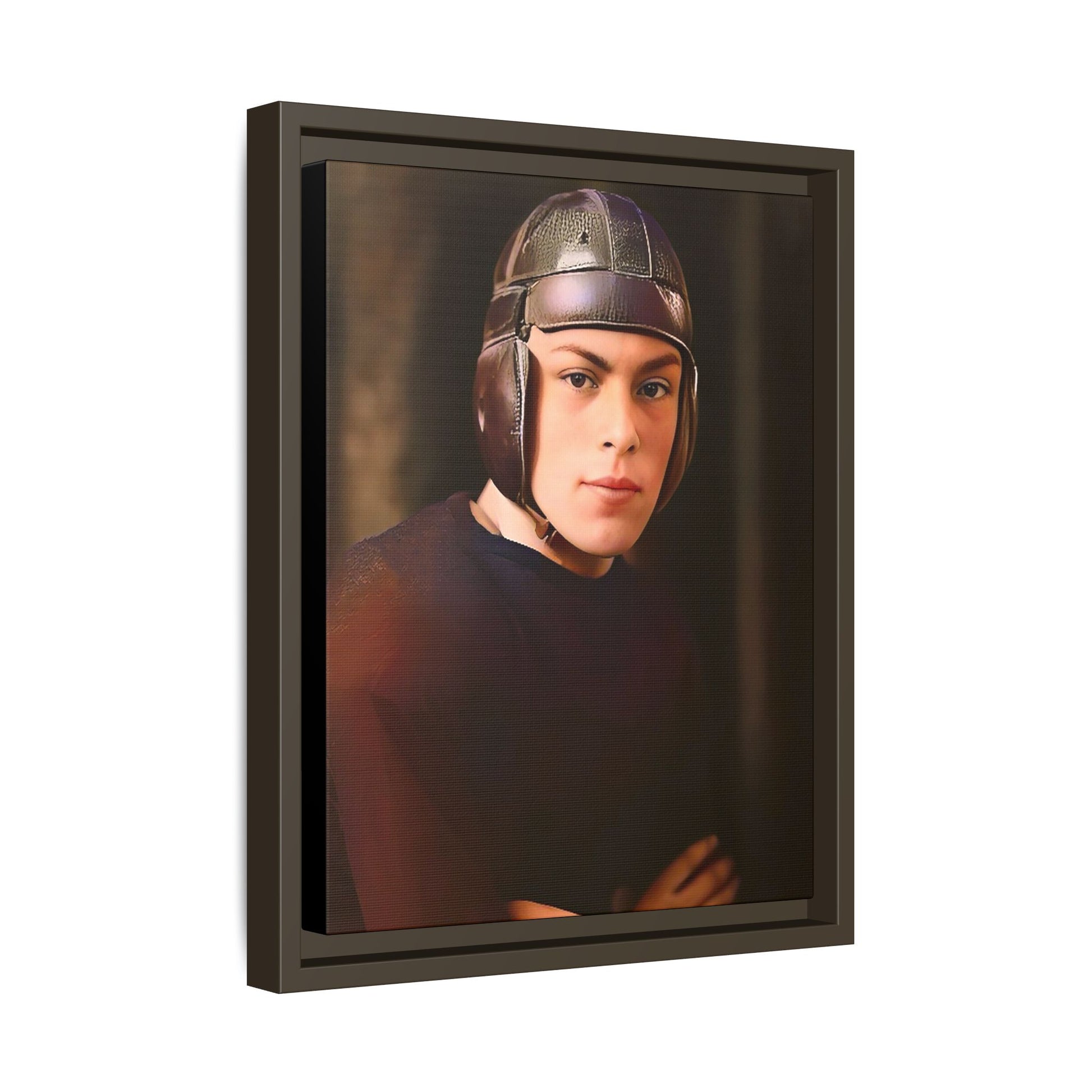 A vintage portrait of Andrew, a football player from Lincoln, Nebraska, in a classic leather helmet. This framed matte canvas print captures the grit and determination of early 20th-century sports, perfect for football fans and vintage art collectors.