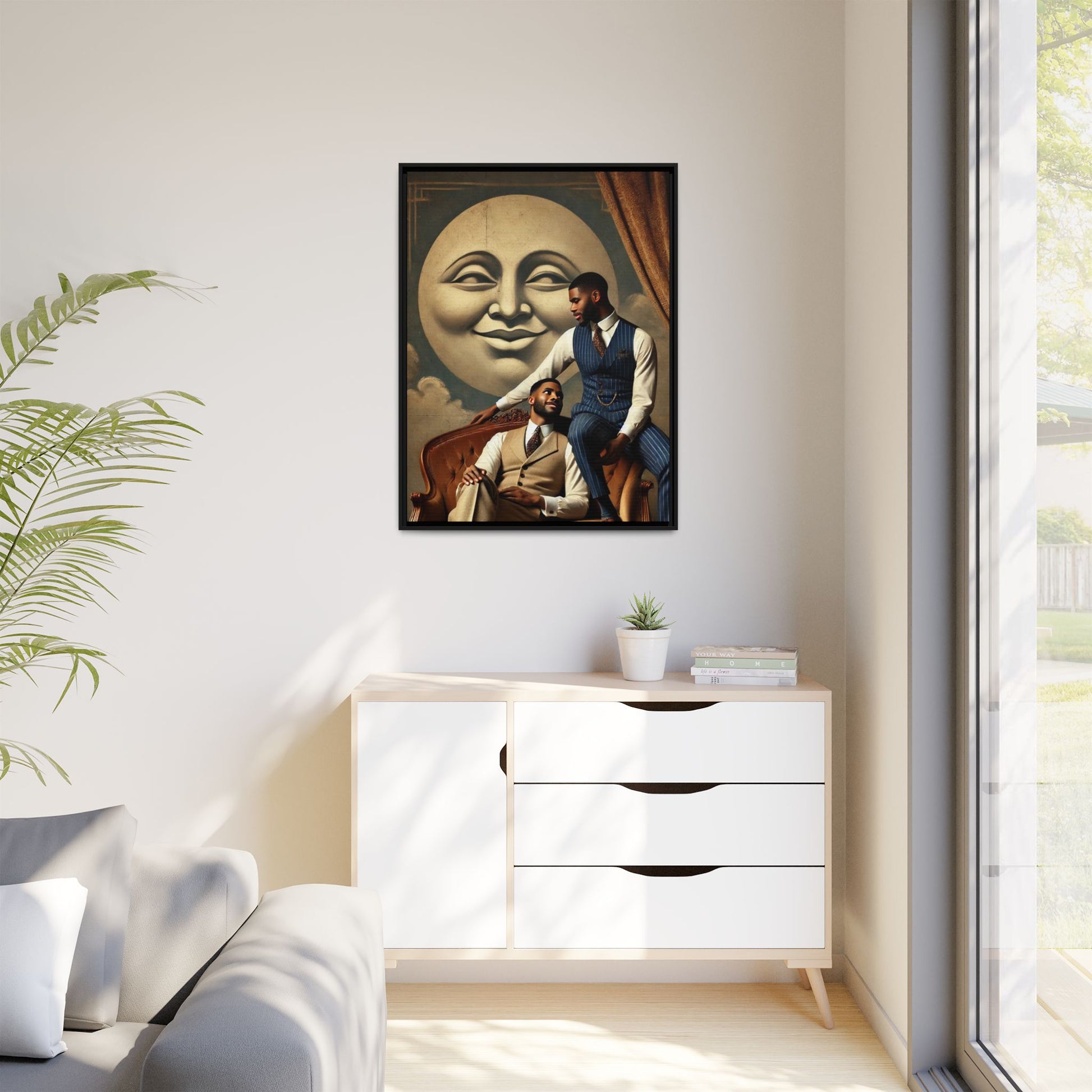 An elegant portrait of two Black men in vintage suits, seated affectionately beneath a smiling full moon. This 1920s-inspired artwork reclaims lost LGBTQ history, honoring Black queer love through style, softness, and resilience.