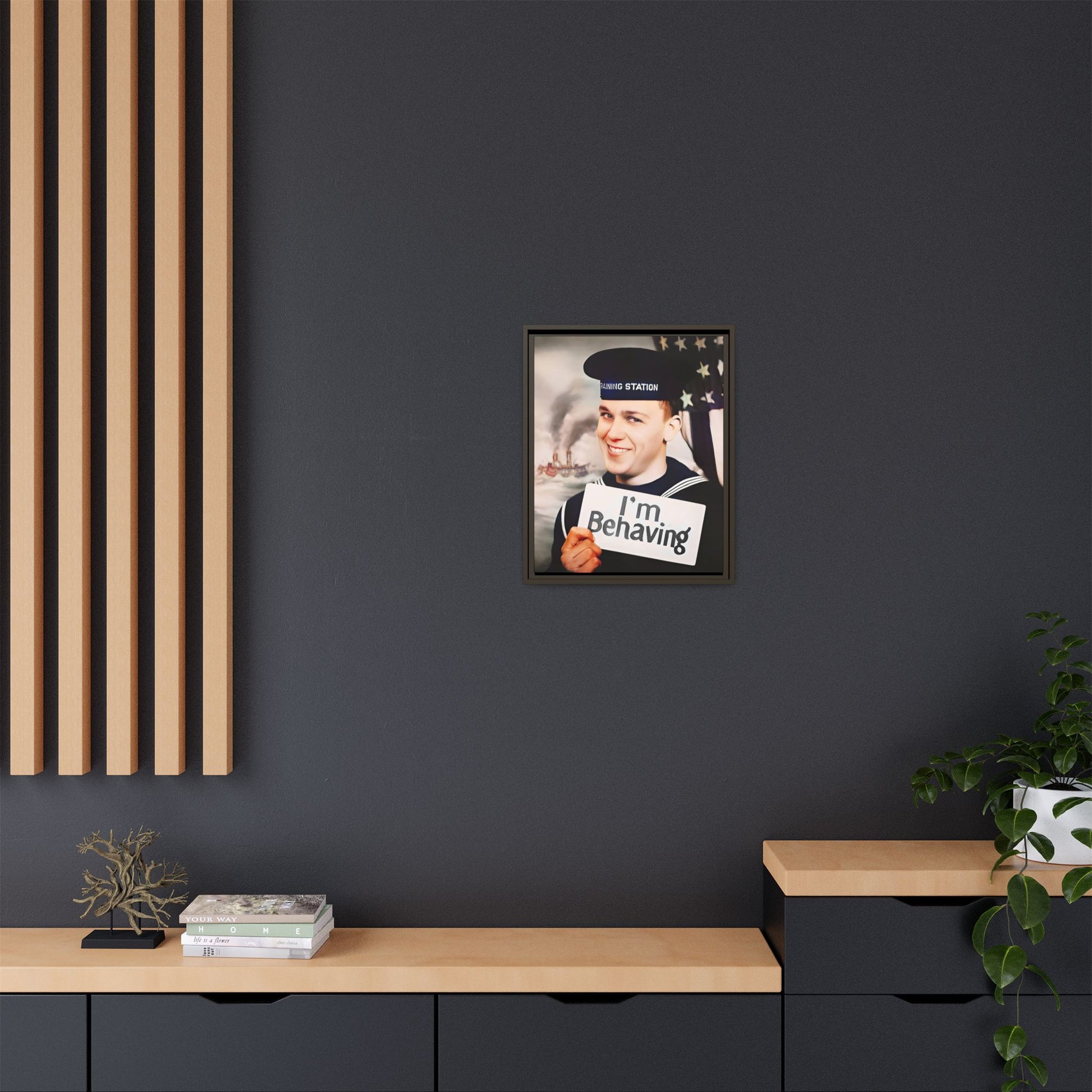 A vintage U.S. Navy sailor portrait featuring Carl at the Washington Navy Yard, grinning while holding a card reading "I'm Behaving." This framed matte canvas print is a charming mix of humor and military history, perfect for collectors and veterans.