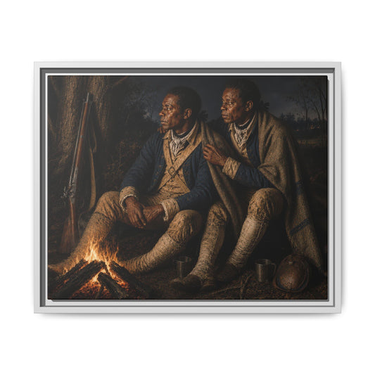 Museum-inspired historical portrait of Black Revolutionary War soldiers resting near a campfire under a blanket at night.