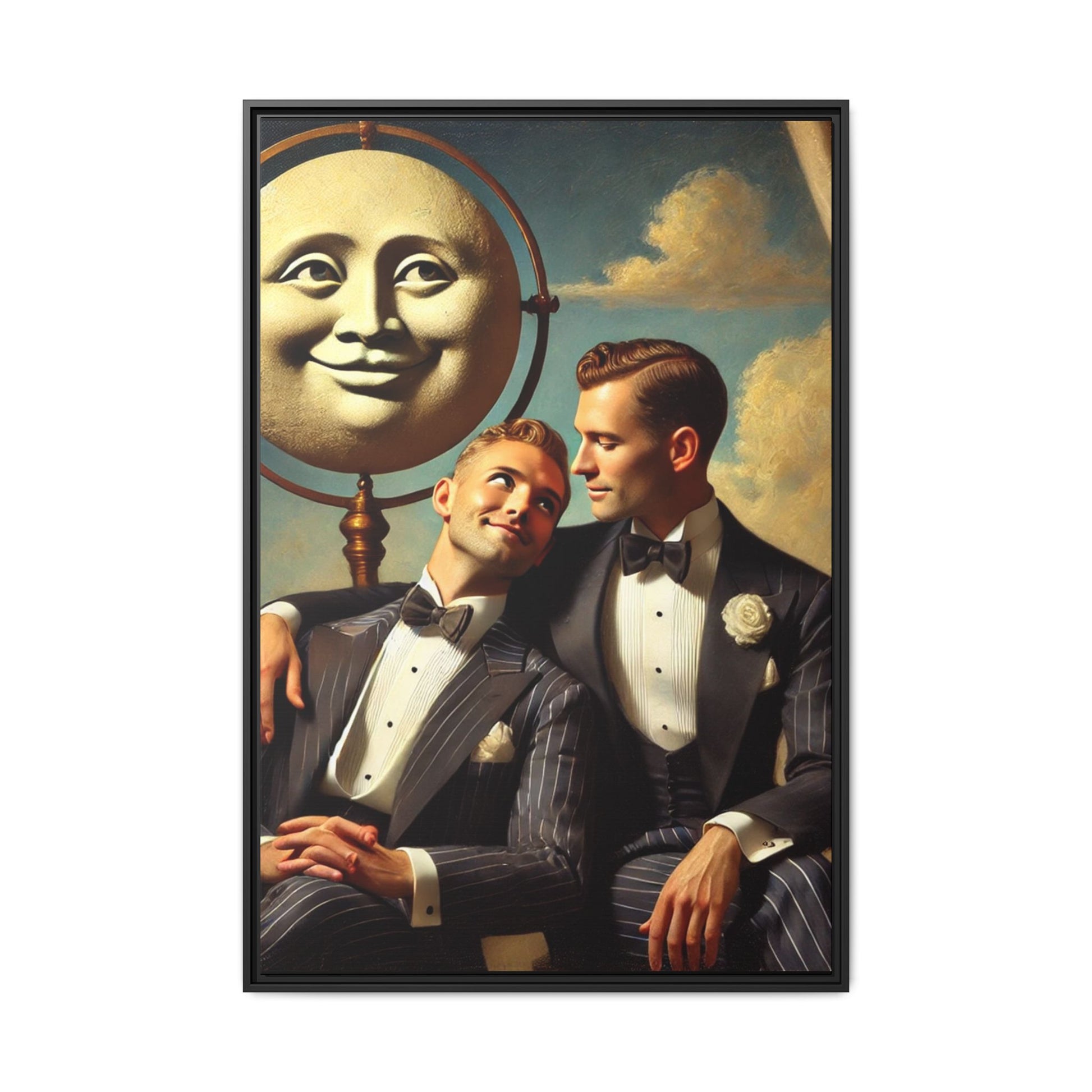 Framed matte canvas portrait featuring two young men in vintage overalls with a crescent moon prop above them. This artwork from the Missing Art Studies series reclaims LGBTQ+ imagery that may have been lost to bias, presenting warmth, intimacy, and presence.